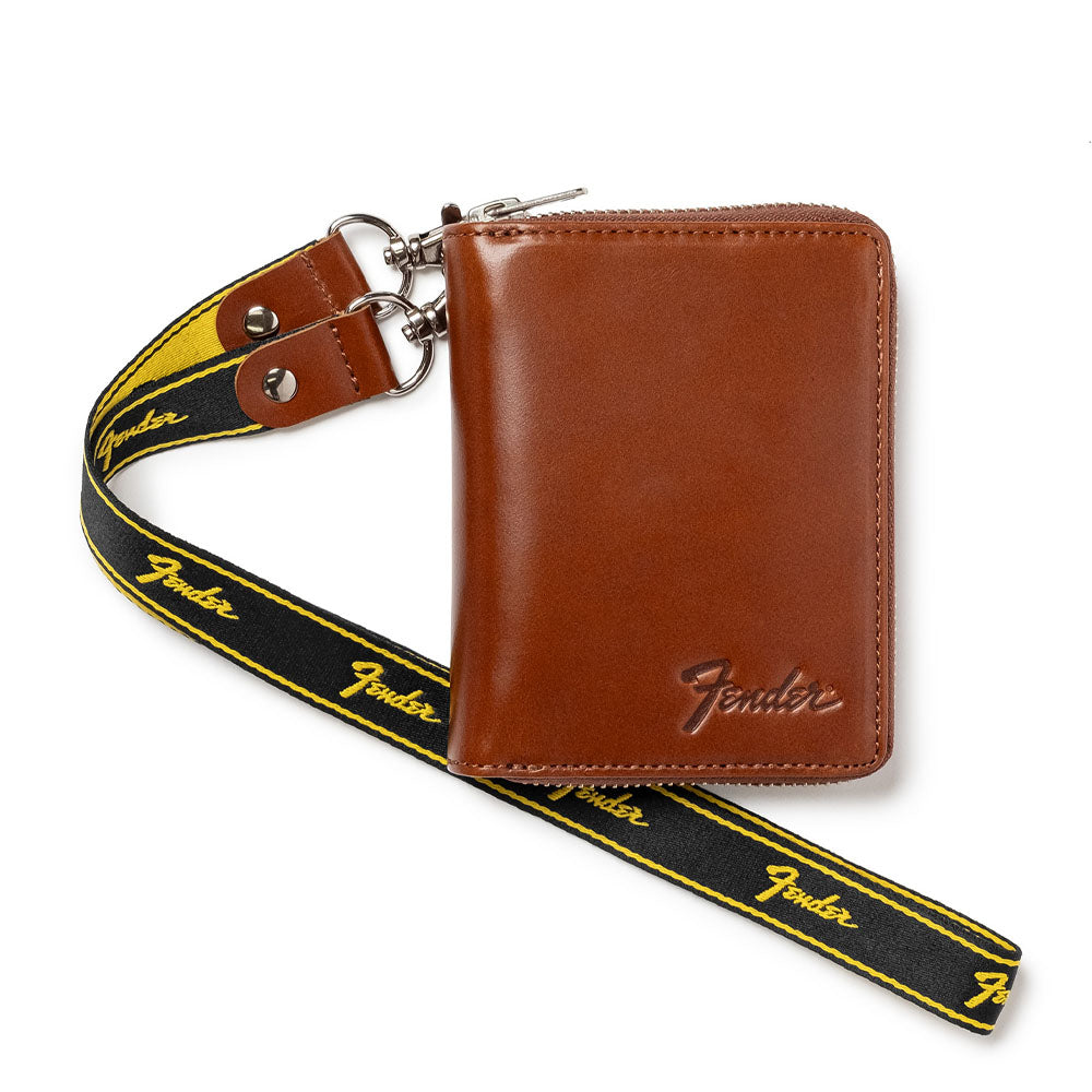 FENDER - 二つ折り札入れ ラウンドファスナー / Brown / ギターピック&ウォレットコード付き